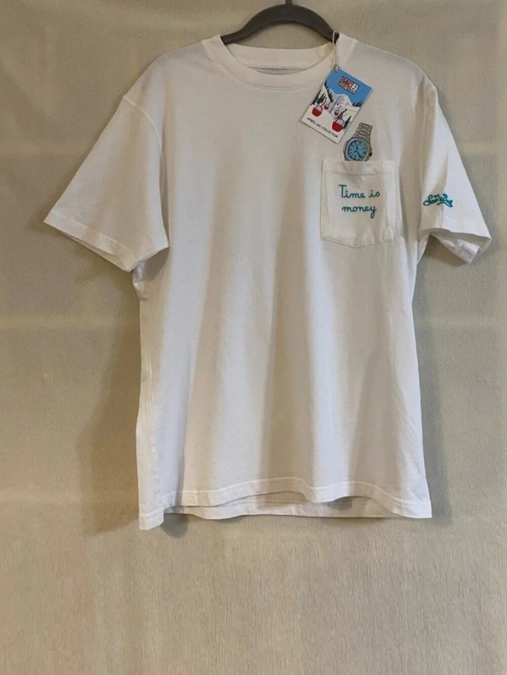 NWT Mc2 Saint Barth white Connor embroidered watch pocket t-shirt Time is Money